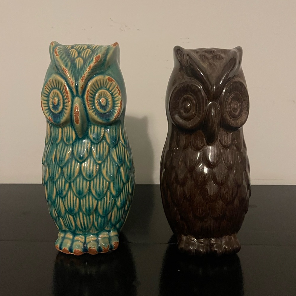 Ceramic Owl Figurines - Teal and Brown